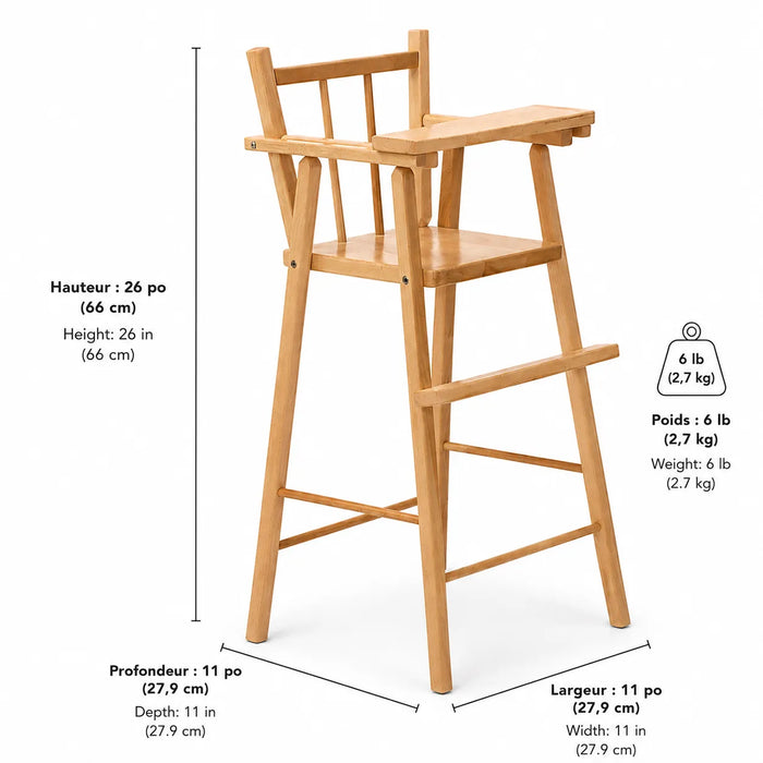 Economical maple wood doll high chair - dimensions