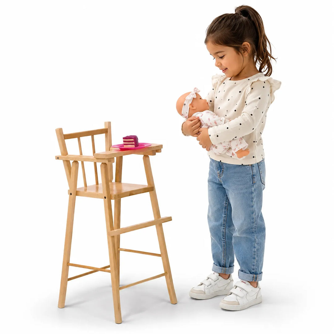Economical maple wood doll high chair - little girl playing with doll