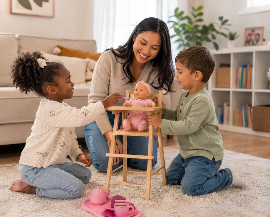Economical maple wood doll high chair - playdate at home