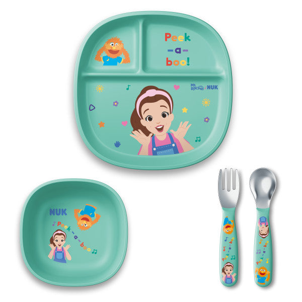 NUK Peek-a-boo toddler dinnerware set with plate, bowl, fork, and spoon featuring playful cartoon characters.