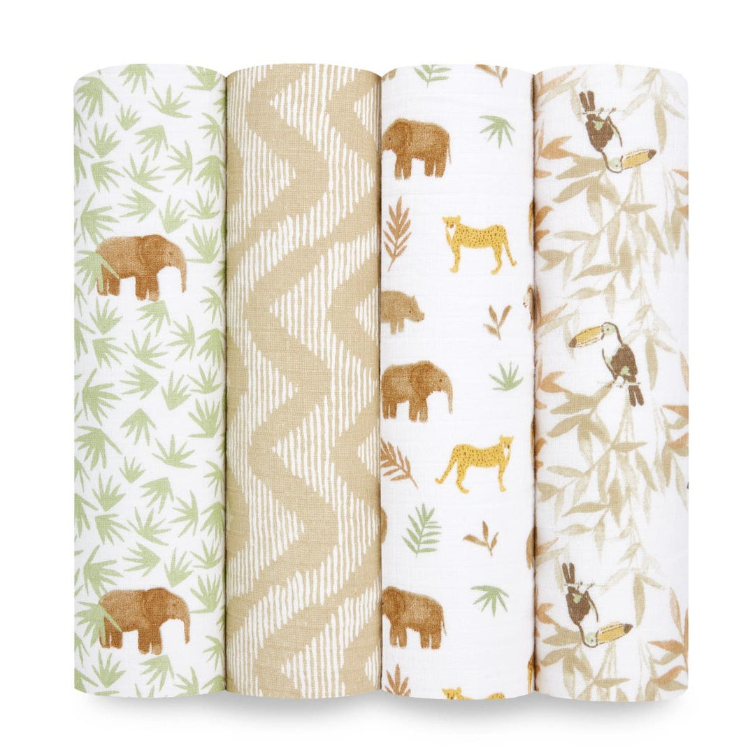 Set of four baby cotton muslin swaddle blankets with safari animal and nature prints