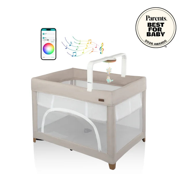 Evenflo® Eris™ One-Hand Playard with Bassinet with SensorySoothe™ Technology (Coastal Coffee)
