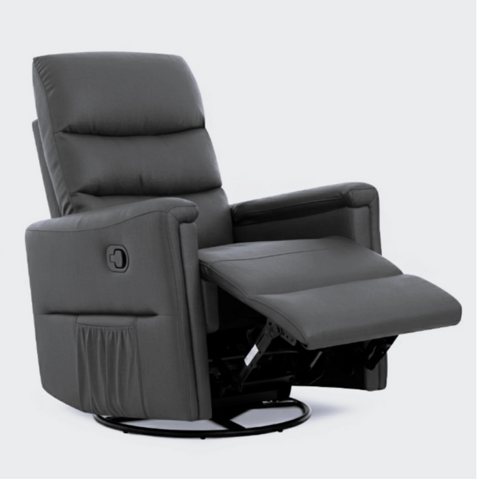 Evolur Peyton manual recliner glider in dark grey fabric with extended footrest on a white background.