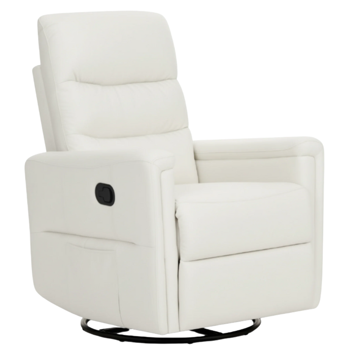 Evolur Peyton manual recliner glider chair shown in white upholstery on a plain background.