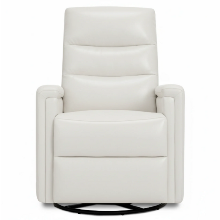 Evolur Peyton manual recliner glider chair in white faux leather shown from the front.