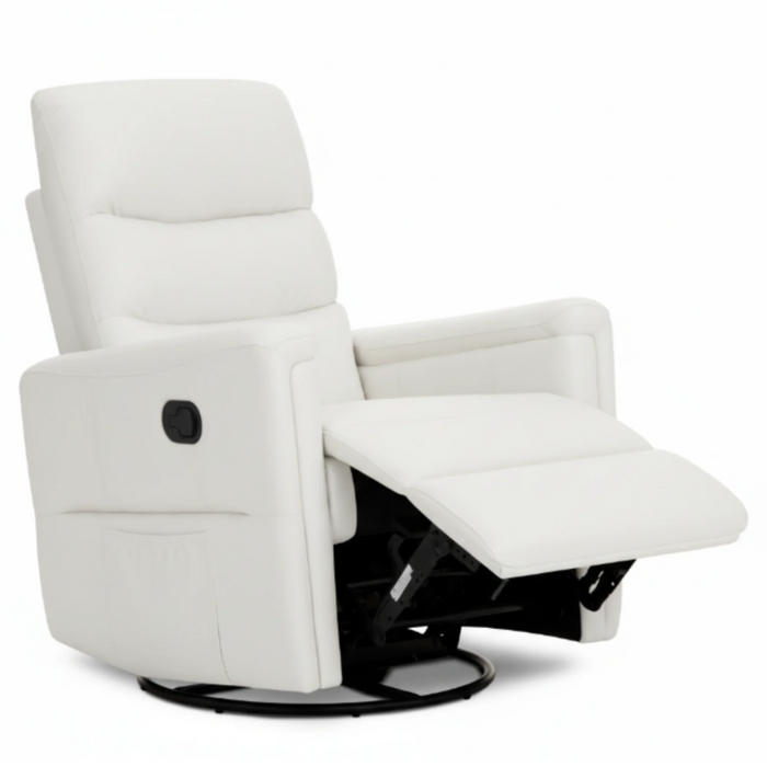 Evolur Peyton manual recliner glider chair shown in white with extended footrest on white background.