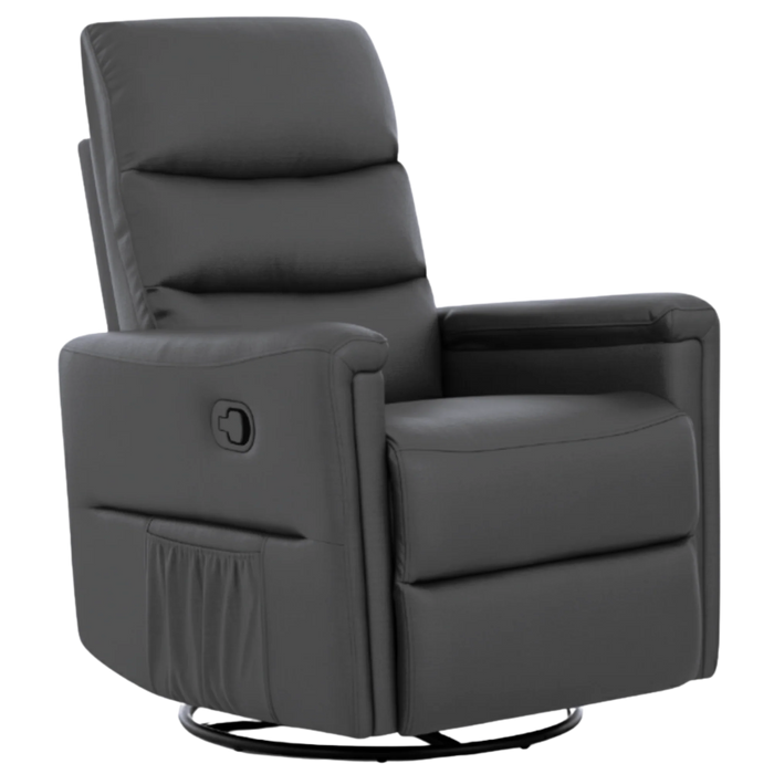Evolur Peyton Manual Recliner Glider in dark grey upholstery shown on a white background.