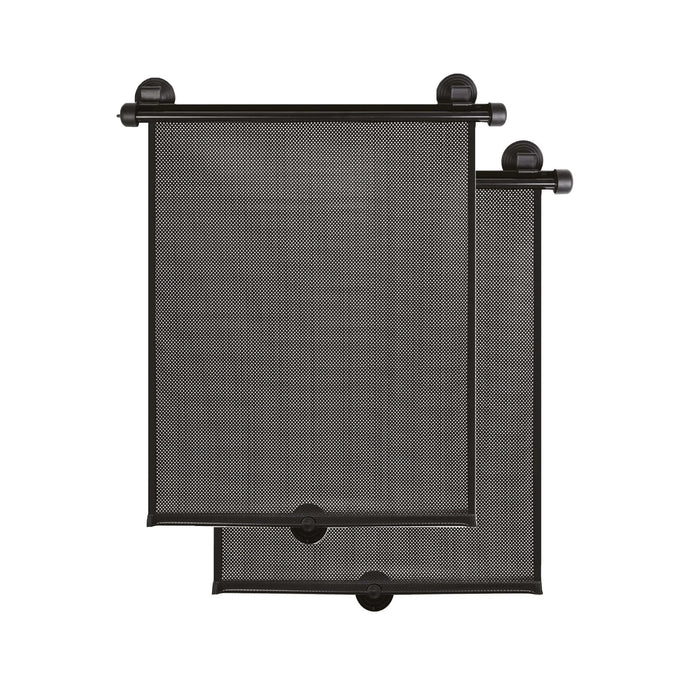 Ezimoov Sun Roller car window shade in black, shown in a pair against a white background.