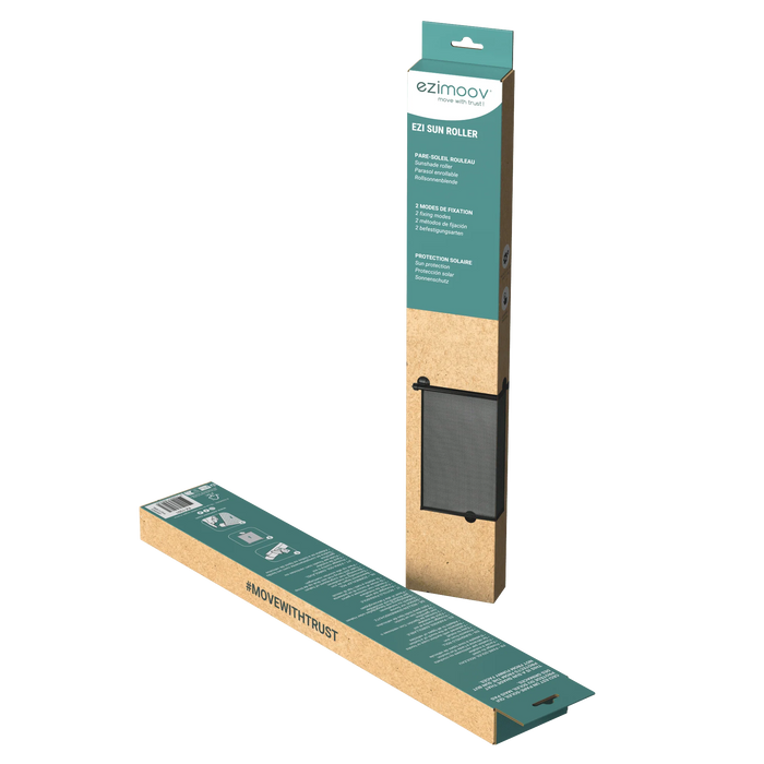 Ezimoov Ezy Sun Roller car window shade in retail packaging standing upright on a plain background.