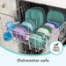 Assorted BPA-free baby plates, bowls, and cups stacked in a dishwasher for easy cleaning.