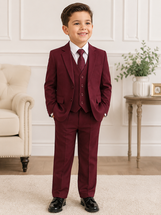 Ensemble de costume 5 pièces bordeaux uni pour garçons Fancy Kids® (Tailles 3M-22)