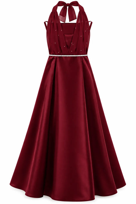 Fancy Kids® Girls Burgundy Satin Halter Neck Formal Dress with Rhinestone Waist