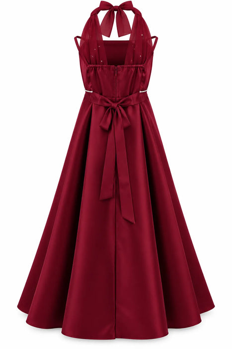 Fancy Kids® Girls Burgundy Satin Halter Neck Formal Dress with Rhinestone Waist