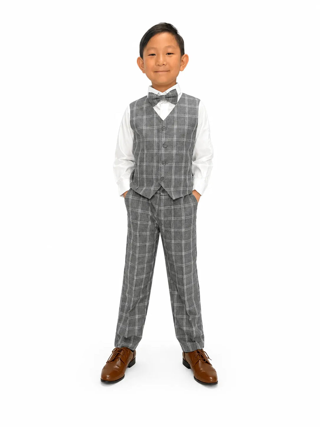 Fancy Kids® boys plaid vest suit set featuring a grey windowpane vest, matching pants, white dress shirt and bow tie, perfect for weddings, communions, graduations and special events.