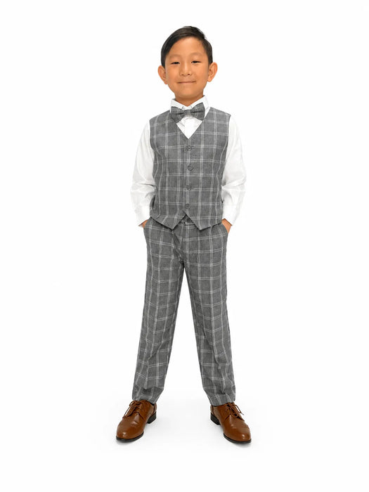 Fancy Kids® boys plaid vest suit set featuring a grey windowpane vest, matching pants, white dress shirt and bow tie, perfect for weddings, communions, graduations and special events.
