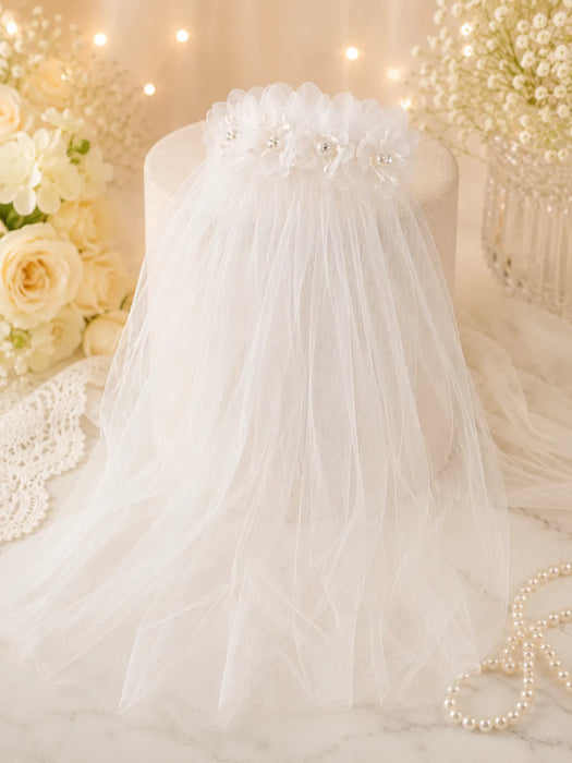 Voile fleuri blanc Fancy Kids® avec perles et fleurs en cristal