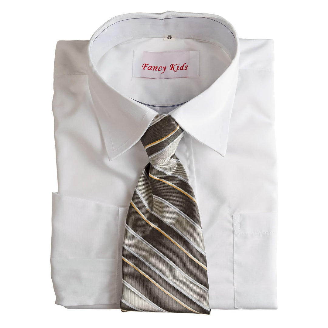 Fancy Kids white dress shirt with striped tie neatly folded on a white background.