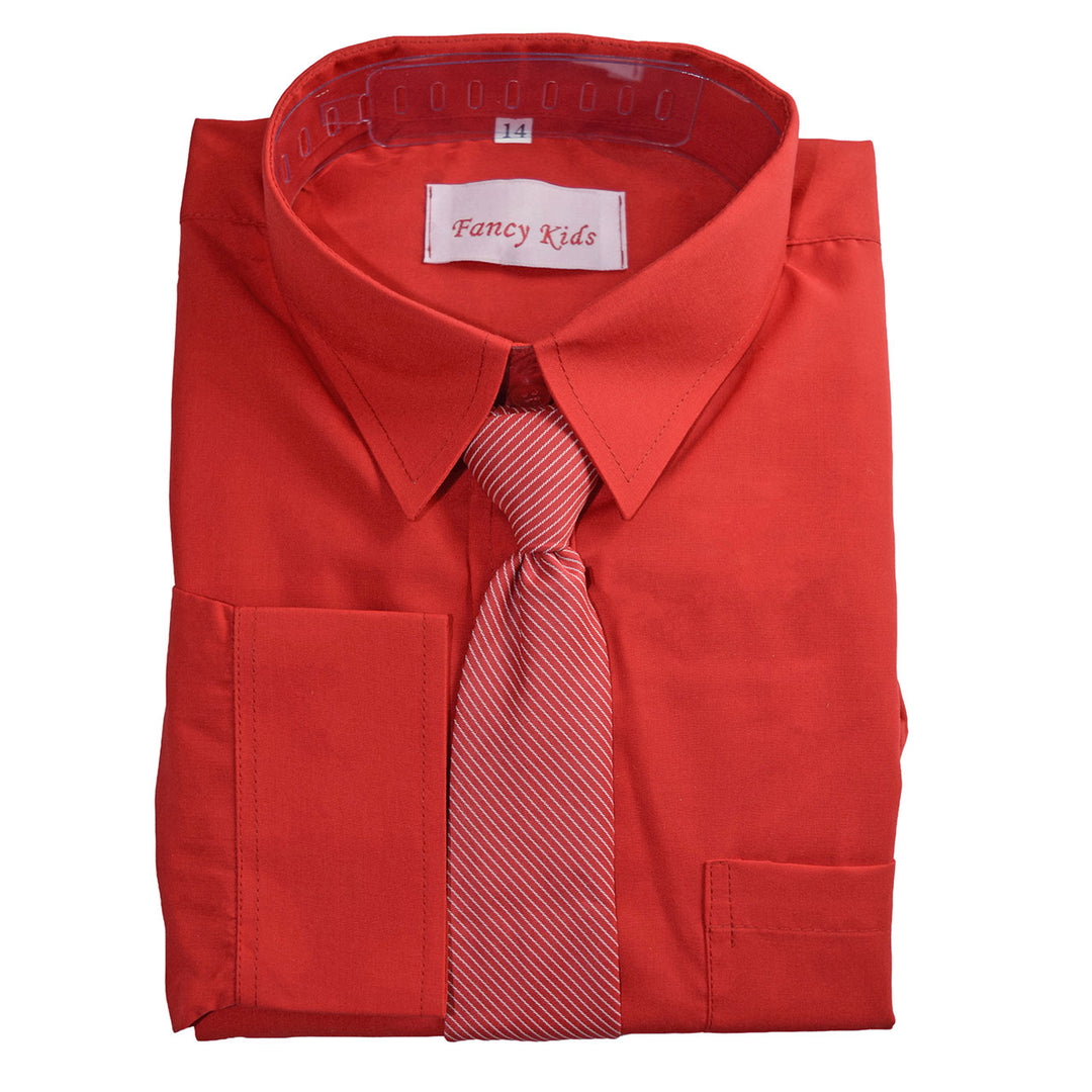 Fancy Kids red dress shirt for children, neatly folded with a matching striped tie.