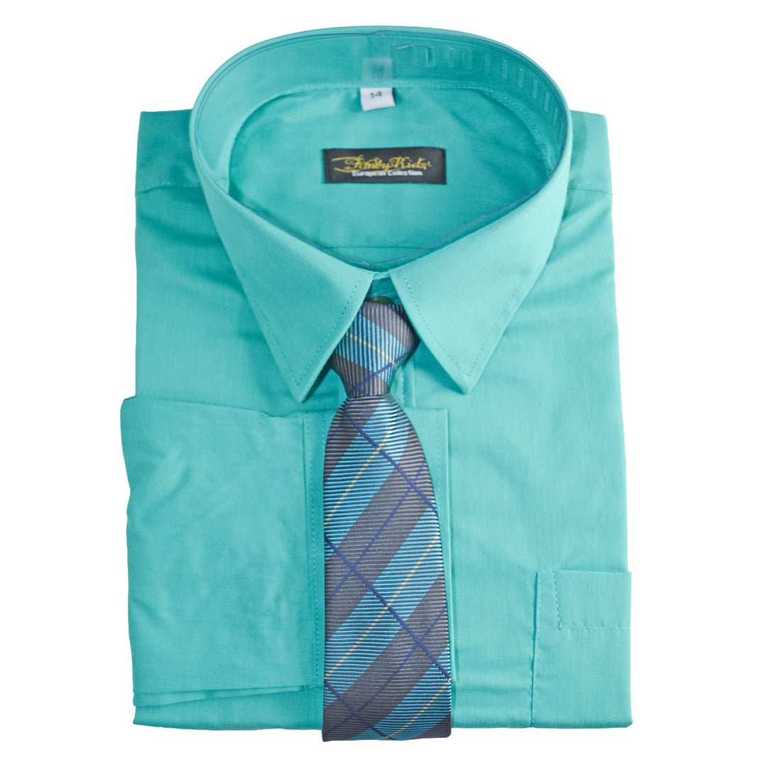 Turquoise dress shirt with plaid tie neatly folded on a white background.