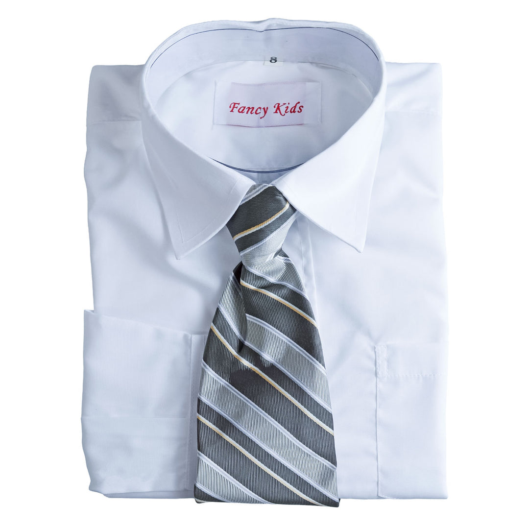 Fancy Kids white dress shirt with a striped tie neatly folded on a plain background.