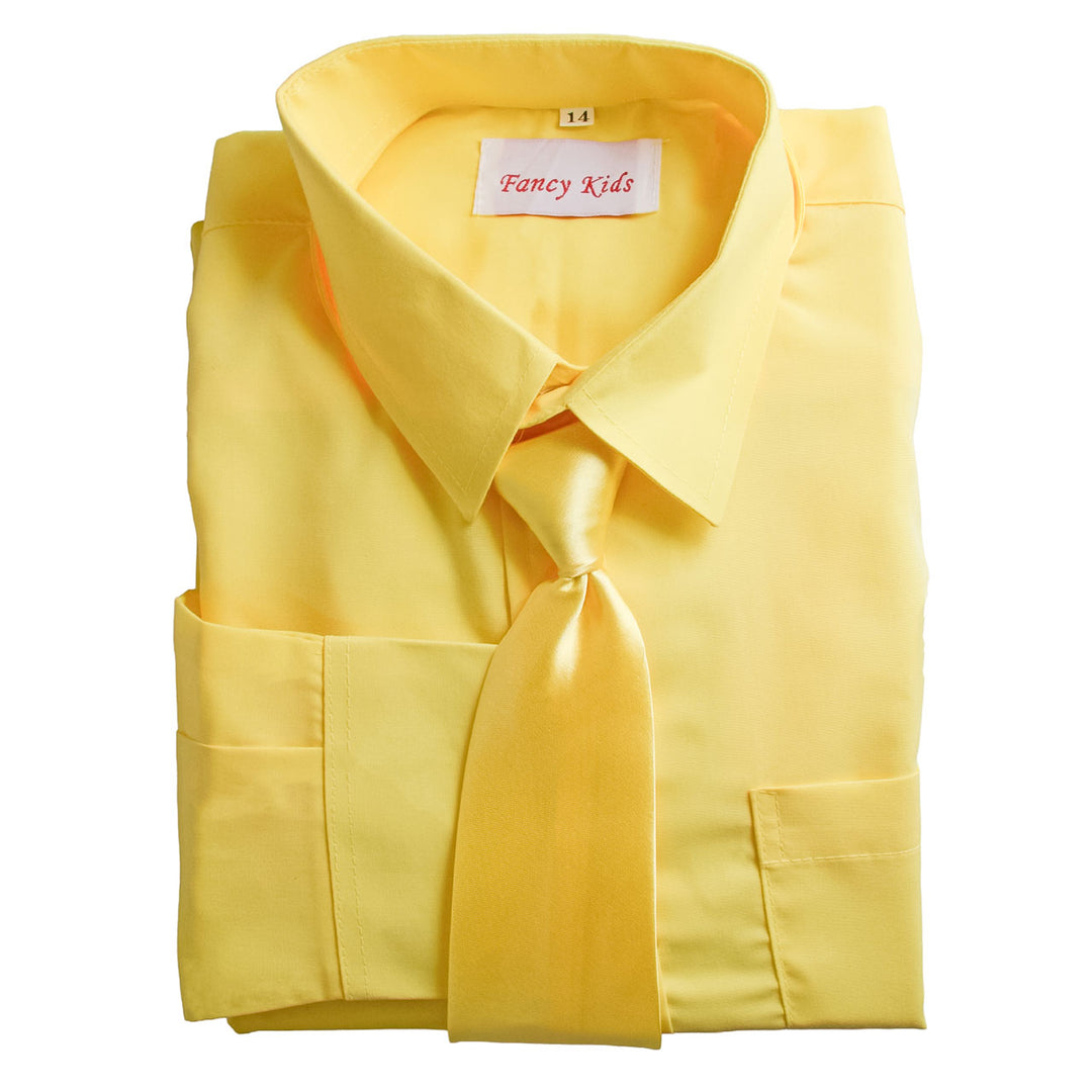 Fancy Kids yellow dress shirt with matching tie neatly folded on a plain white background.