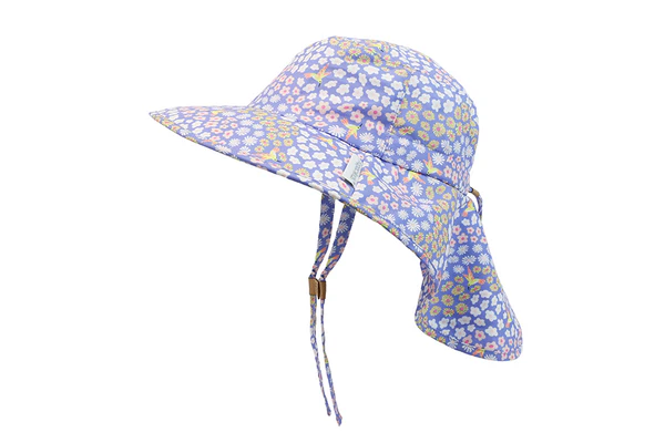 Flapjack Kids UPF50 sun hat in purple floral print displayed on a white background.