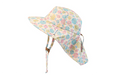 Flapjack Kids UPF50+ sun hat with colorful fish print and chin strap shown on a white background.