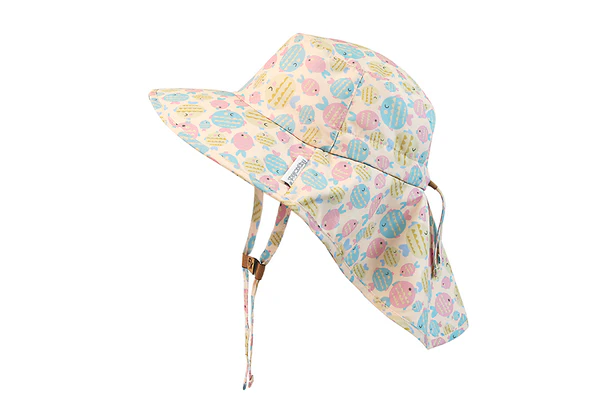 Flapjack Kids UPF50+ sun hat with colorful fish print and chin strap shown on a white background.