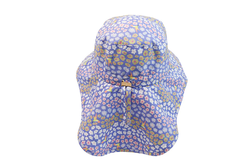 Flapjack Kids UPF50 sun hat with floral print shown from above on a white background.