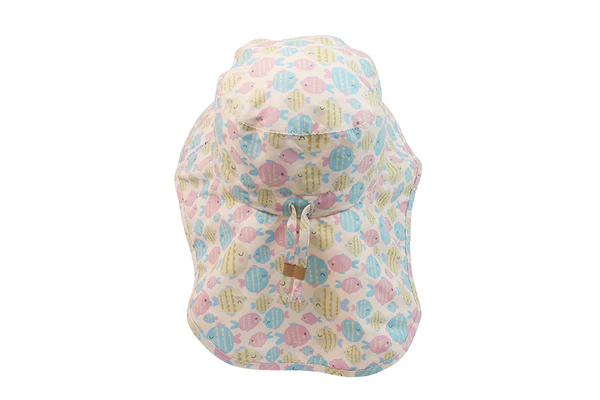 FlapJack Kids UPF50 sun hat with pastel fish pattern, shown from the back on a white background.