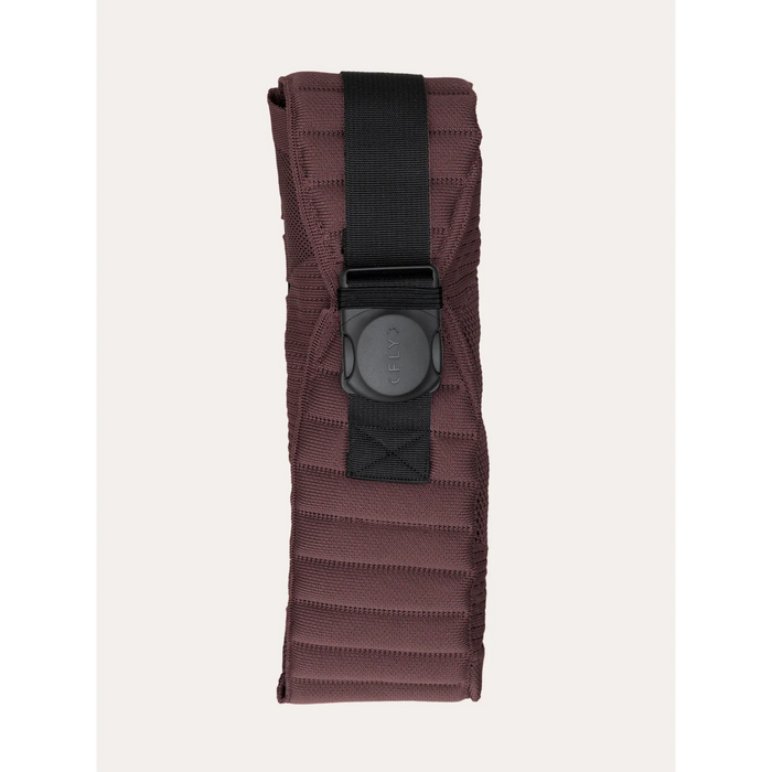 Flybaby 3D baby carrier waist belt in brown with black buckle shown rolled up on a plain background.
