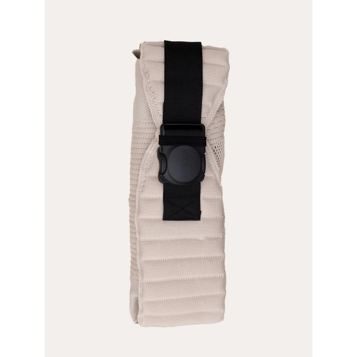 Flybaby 3D baby carrier folded with black buckle strap, shown upright on a plain background.