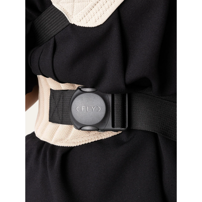 Flybaby 3D Baby Carrier close-up of waist buckle and adjustable strap on a person.
