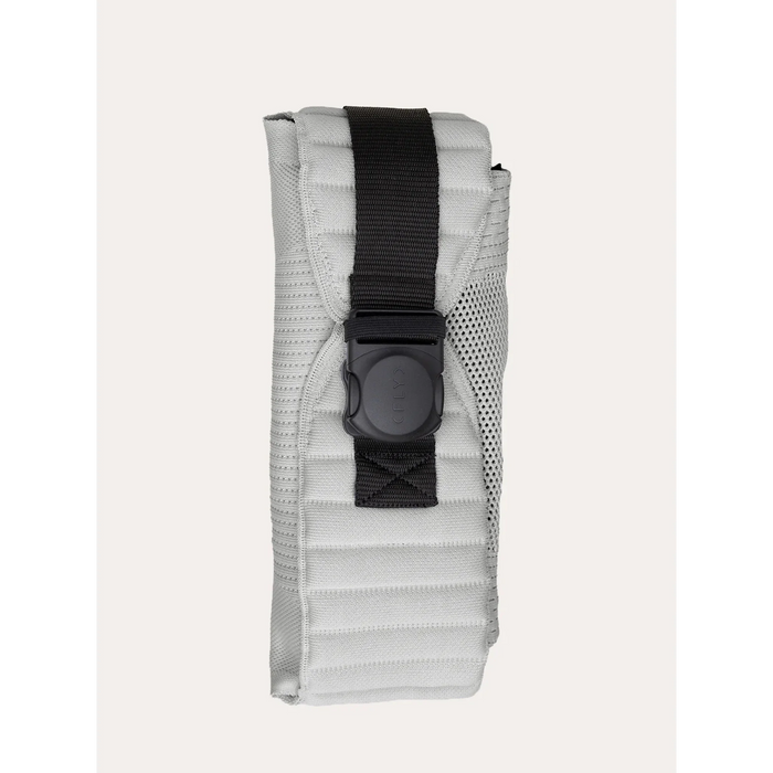 Flybaby 3D baby carrier folded compactly with a black buckle strap, shown upright on a plain background.