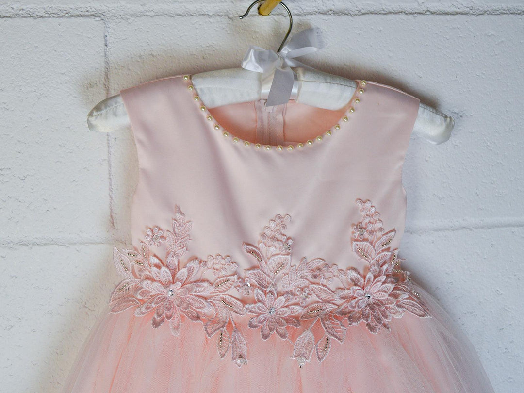 Formal Kids Wear - Adorable Baby Tulle Dress with Pearl Neckline, Lace Waistband & Back Bow (Ages 0-24M)