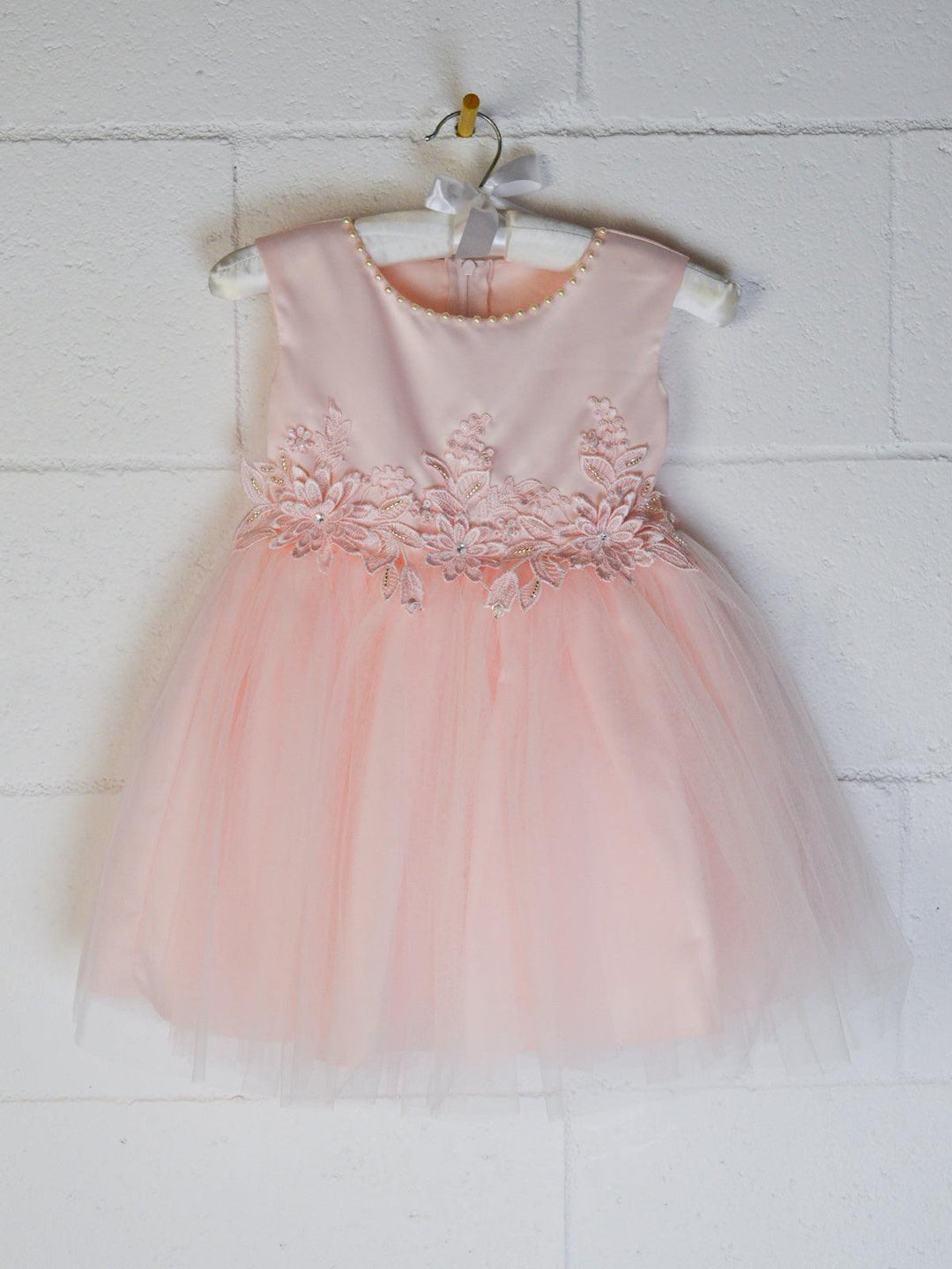 Formal Kids Wear - Adorable Baby Tulle Dress with Pearl Neckline, Lace Waistband & Back Bow (Ages 0-24M)