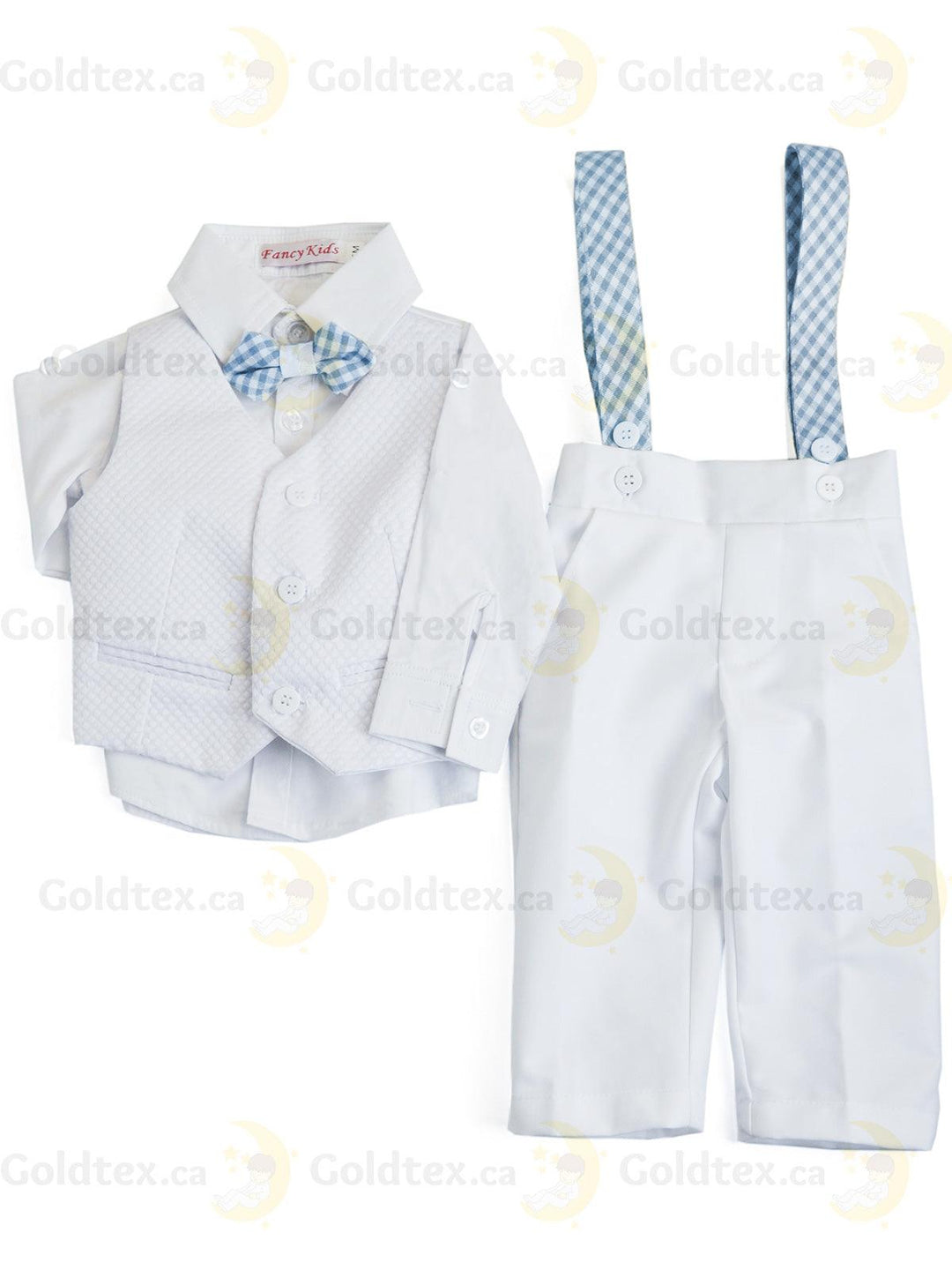 Formal Kids Wear - Adorable Boys Baptism Suit Set – White or Ivory with Suspenders & Bow Tie (Blue, Brown, White, Polka Dot) - Sizes from 0m to 30m