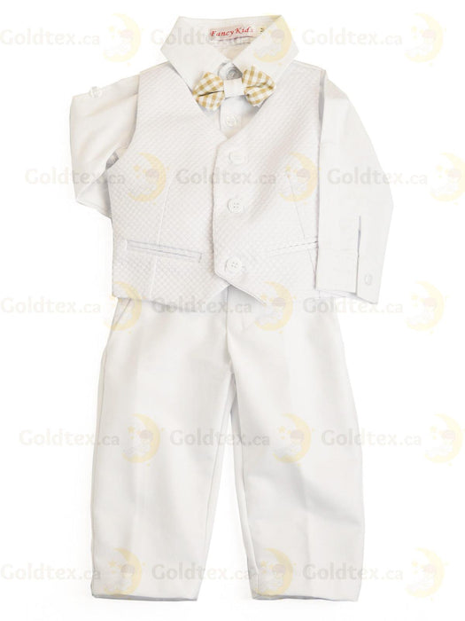 Formal Kids Wear - Adorable Boys Baptism Suit Set – White or Ivory with Suspenders & Bow Tie (Blue, Brown, White, Polka Dot) - Sizes from 0m to 30m