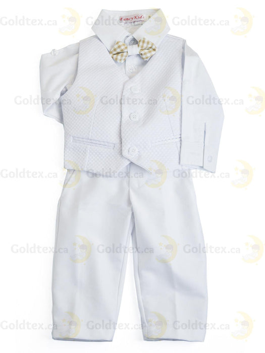 Formal Kids Wear - Adorable Boys Baptism Suit Set – White or Ivory with Suspenders & Bow Tie (Blue, Brown, White, Polka Dot) - Sizes from 0m to 30m
