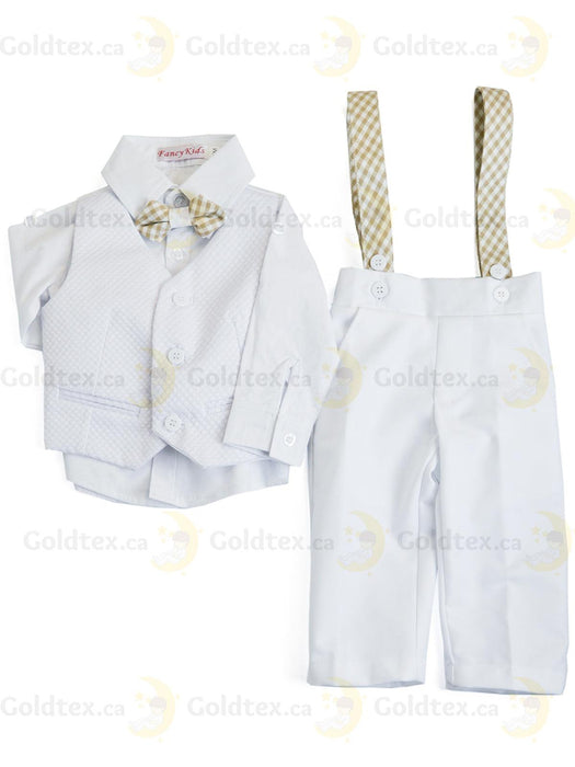 Formal Kids Wear - Adorable Boys Baptism Suit Set – White or Ivory with Suspenders & Bow Tie (Blue, Brown, White, Polka Dot) - Sizes from 0m to 30m