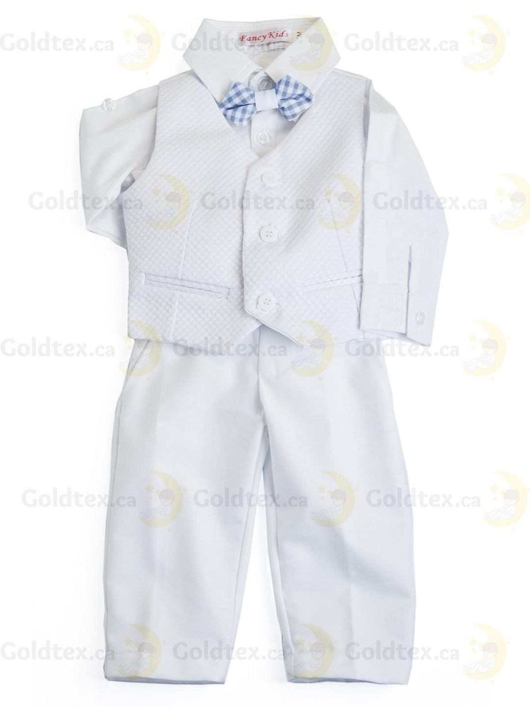 Formal Kids Wear - Adorable Boys Baptism Suit Set – White or Ivory with Suspenders & Bow Tie (Blue, Brown, White, Polka Dot) - Sizes from 0m to 30m
