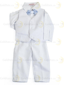 Formal Kids Wear - Adorable Boys Baptism Suit Set – White or Ivory with Suspenders & Bow Tie (Blue, Brown, White, Polka Dot) - Sizes from 0m to 30m
