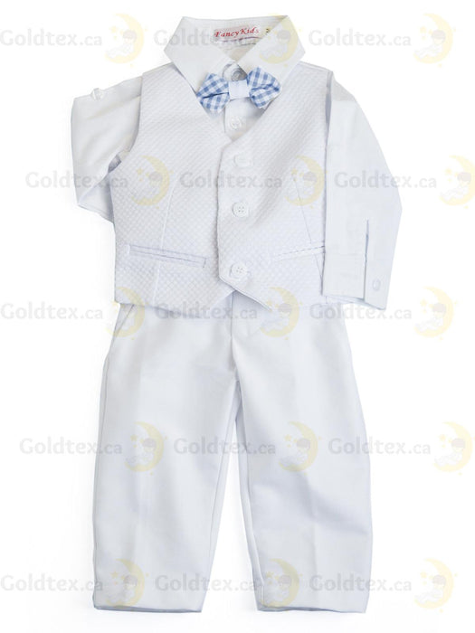 Formal Kids Wear - Adorable Boys Baptism Suit Set – White or Ivory with Suspenders & Bow Tie (Blue, Brown, White, Polka Dot) - Sizes from 0m to 30m