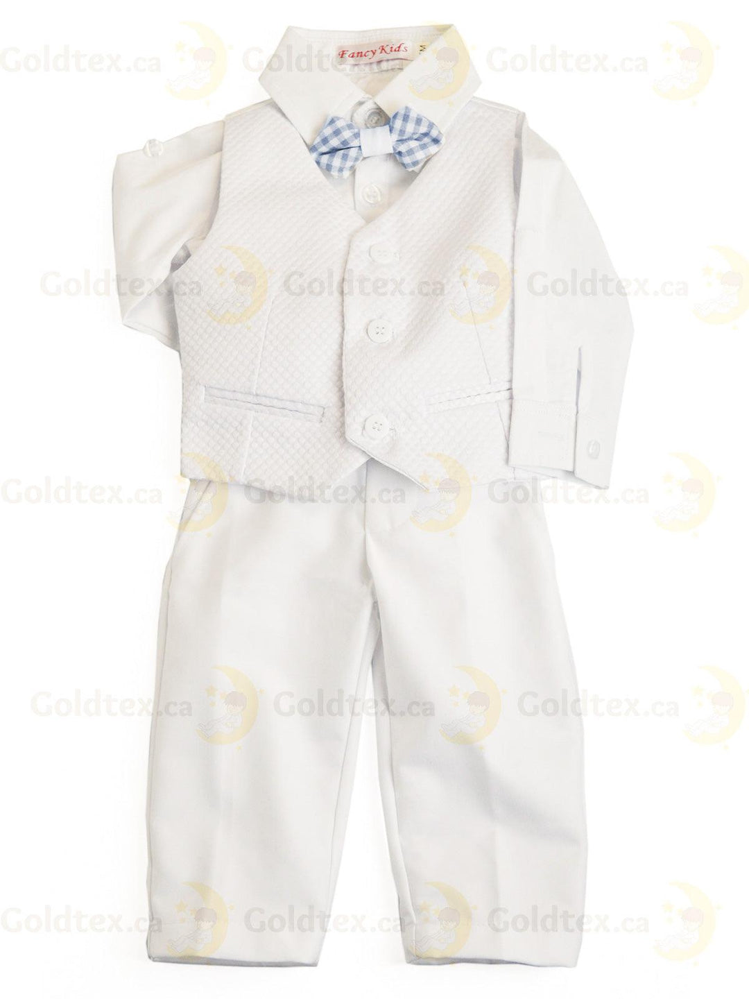 Formal Kids Wear - Adorable Boys Baptism Suit Set – White or Ivory with Suspenders & Bow Tie (Blue, Brown, White, Polka Dot) - Sizes from 0m to 30m