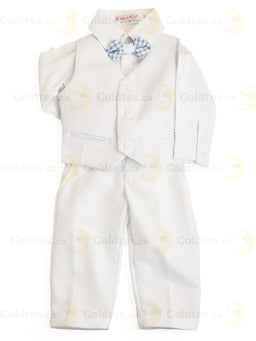 Formal Kids Wear - Adorable Boys Baptism Suit Set – White or Ivory with Suspenders & Bow Tie (Blue, Brown, White, Polka Dot) - Sizes from 0m to 30m