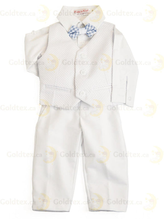 Formal Kids Wear - Adorable Boys Baptism Suit Set – White or Ivory with Suspenders & Bow Tie (Blue, Brown, White, Polka Dot) - Sizes from 0m to 30m