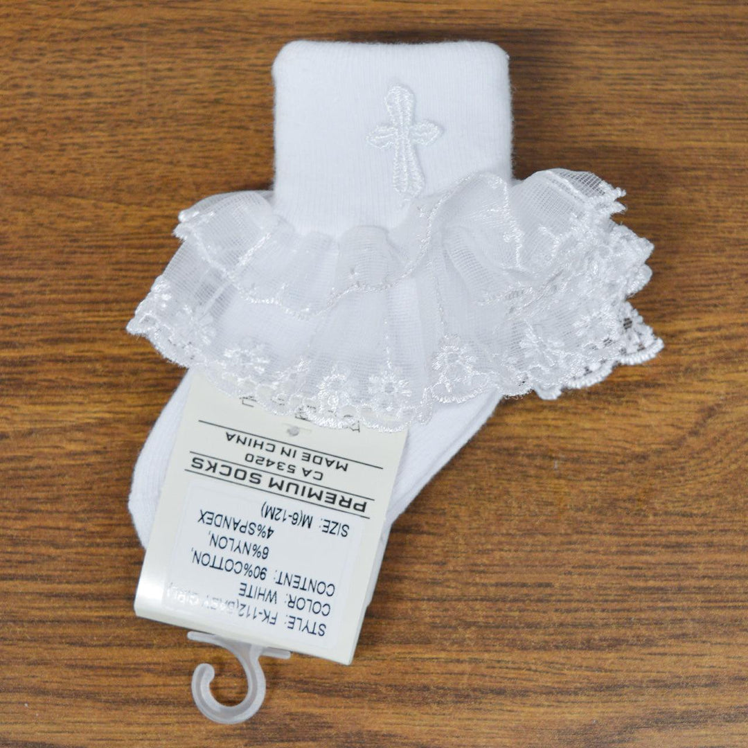 Formal Kids Wear - Baby Girls Baptism Socks with Lace Ruffles and Embroidered Cross - (Sizes 0 to 18m)