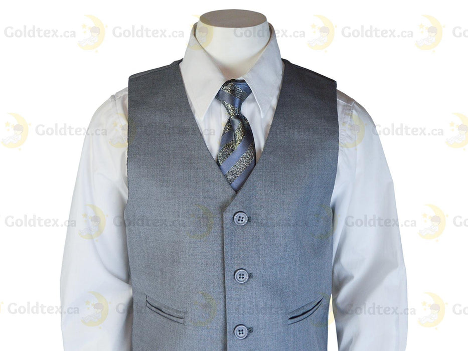Formal Kids Wear - Boys Premium 4-Piece Blazer Suit Set – Light Grey, Navy, or New-Blue with Assorted Tie (Ages 3M-16Y)