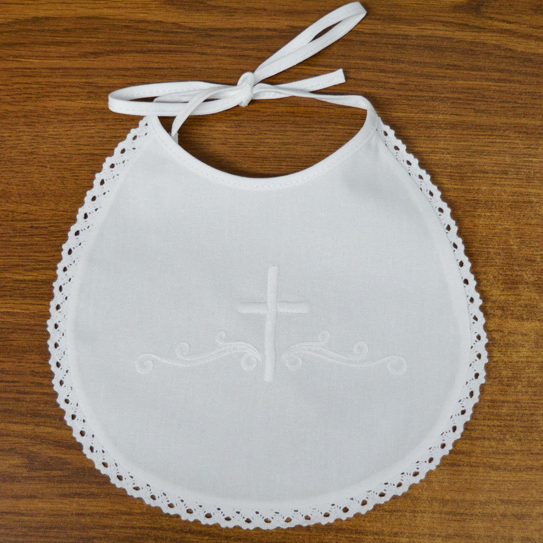 Formal Kids Wear - Elegant 100% Cotton Baby Baptism Bib with Embroidered Cross and Lace Trim