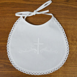 Formal Kids Wear - Elegant 100% Cotton Baby Baptism Bib with Embroidered Cross and Lace Trim